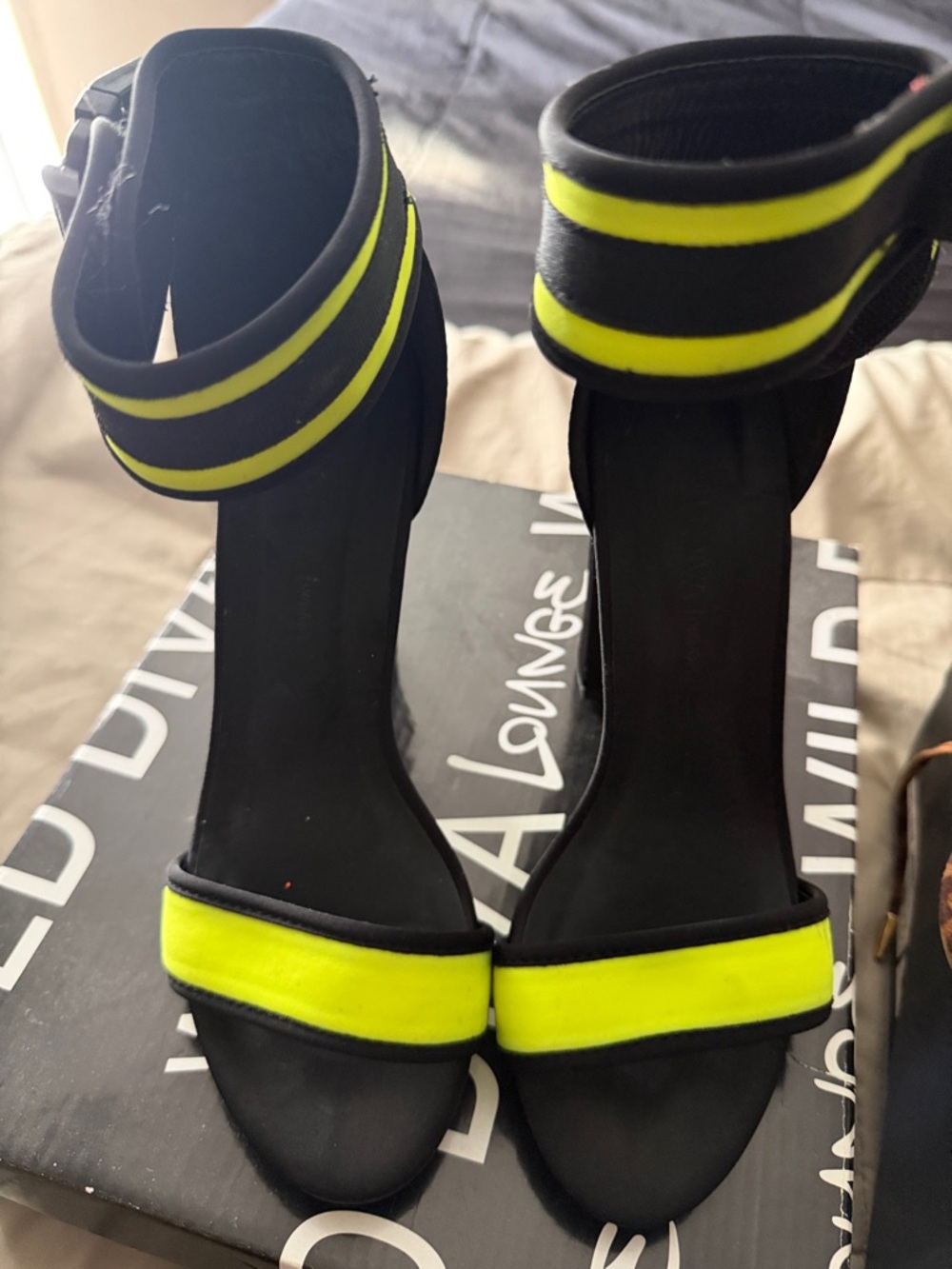 Wild Diva Black Heels with Neon Yellow Straps